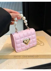 1pc Cute Sweet Messenger Bag Korean Style Fashion Coin Purse Solid Color Casual Pu Texture Small Square Bag Handbag Pearl Handle Chain Shoulder Strap Lock Buckle Fashion Chain Messenger Bag Fashion Pr