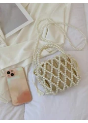 1pc Girls Plastic Nylon French Retro Beaded Bucket Pearled Handbag Suitable For Spring Summer Daily Use Crossbody Vertical Or Horizontal Random Inner Lining Random