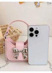 قطعة واحدة حقيبة يد صغيرة جديدة مزينة بفيونكة من مواد البولي يوريثان للبنات، مع حزام معدني قابل للتبديل للحمل