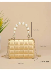 1pc Mini Girl s Textured Plaid PU Flap Minimalist Versatile Pearl Handbag Suitable For Daily Use