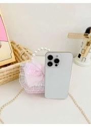 1 Pc Mini Fashion Shiny Young Children Pearl Handbag Chain Crossbody Bag Flip Bag Samll Square Bag Kawaii Princess Bag Toddler Coin Purse Cute Candy Storage Bag Portable Light Sweet Big Lace Bow Sequi