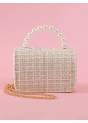 1pc Kids Large Size Pearl Bow Decor PU Solid Striped Pattern Snap Closure Metal Chain Strap Cute Simple Beaded Handbag Crossbody Bag For Girls Fit For Daily And Holiday Use