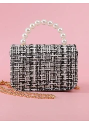 1pc Mini Kid s Fabric Bowknot Rhinestone Pearl Decor Striped PU Magnetic Closure Chain Strap Fashion Handbag Shoulder Bag Cute Girls Princess Bag Suitable For Holidays Daily Use And Birthday Gift