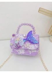 1pc Handbag Lace Flower Beaded Bag PU Sequin Mini Bag Girls Shoulder Bag Cute Fish Decor Pouch Accessory Snap Closure Coin Purse Suitable For Kids Travel Shopping Fashion Outfit Coin Purse Storage