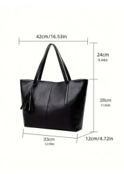 Ladies Solid Pu Leather Shoulder Bag With Tassel Decoration Tote Style School Bag Portable Business Casual For Teen Girls Women College Students Boys And Men College Middle School High School Outdoors