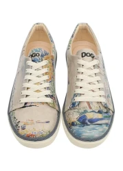 Dogo Women's Vegan Leather Beige Sneakers - Watercolor And Sailors Design