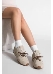 Marjin Beige Suede Women's Sneakers - Double Lace-Up Sports Shoes