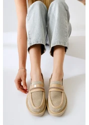 Limoya Micka Beige Knitted Patent Leather Detailed Stone Banded Women's Casual Shoes