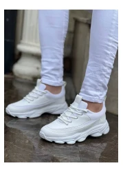 BESKAR حذاء رجالي كاجوال برباط ونعل عالي من الجلد الأبيض KB 707