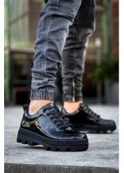 Bukond Black Patent Leather Black High Sole Casual Sports Shoes