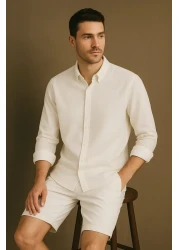 mavisima erkek giyimi Men's White Long Sleeve Casual Aerobin Shirt - Regular Fit