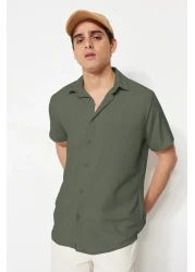  Collection Khaki Color Textured Wrap Summer Shirt - Short Sleeve, Regular Fit Tmnss23Go00055