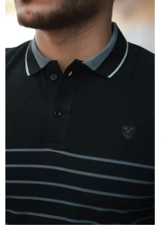 Miron تي شيرت أسود مخطط بياقة بولو وأكمام قصيرة-2515