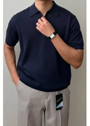 Tarz Cool Men's Navy Blue Placket Short Sleeve Polo Neck Knitwear T-Shirt