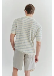  Collection Ecru Regular Striped Textured Knitwear Polo Neck T-Shirt Tmnss25Po00007