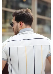Miron White Vertical Striped Polo Neck Short Sleeve T-Shirt - 2502