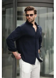 Madmext Navy Blue Basic 100% Cotton Long Sleeve Men's Shirt E6761