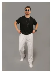 INFLUYENTE بنطال رياضي رجالي من Karmelange فضفاض من قماش بيكيه بخصر مطاطي وتفاصيل جيب