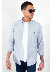 Manche Men's Navy Blue Embroidered Linen Shirt - Mes116488-01