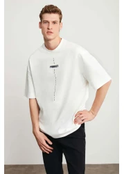 GRIMELANGE Project Men's Print Detailed Oversize 100% Organic Cotton Knitted Crew Neck White T-Shirt