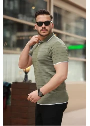 Miron تي شيرت تريكو بياقة بولو ونقشة كاكي - 2403