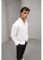 Bürke Summer Linen Textured Long Sleeve White Men's Shirt