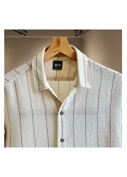 Hazhers قميص كتان كبير الحجم للرجال - كريمي، كم طويل، طوق القميص