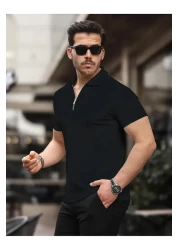 caddekombin David Men's Zippered Polo Neck Cotton Fabric Black Short Sleeve T-Shirt