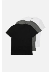  Collection Black-Anthracite Melange-White Slim Fit Crew Neck 100% Cotton 3-Pack T-Shirt - TMNSS19BO0007