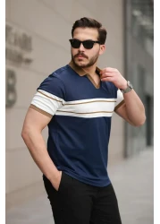 Miron Navy Blue White Two Color Polo Neck Short Sleeve T-Shirt-2514