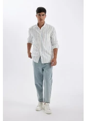 Defacto Oxford Polo Neck Stripe Shirt - Regular Fit, Long Sleeve, Button, Cotton D3500Ax24Au