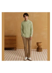 Giordano Men's Cotton Oxford Shirt - Small Lion Embroidery, Slim Fit, Full Button