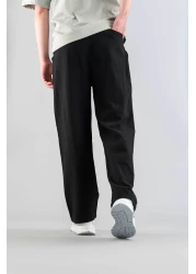 bombe بنطال رجالي أسود مريح بقصة ضيقة من الكتان بحزام من القماش الناعم