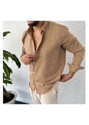 tetramoda قميص كتان - تصميم مجعد بني