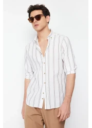 Collection Beige Slim Fit Buttoned Collar Thin Striped Shirt