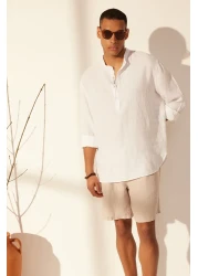  Collection Premium White 100% Linen - Prevailing Neckline Half Placket Shirt Tmnss24Go00057