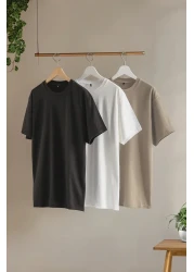  Collection Stone-Ecru-Anthracite Slim/Narrow Cut Crew Neck Basic 100% Cotton 3 Pack T-Shirts Tmnss19Bo0007
