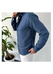 tetramoda Linen Shirt - Navy Blue Crinkle Design