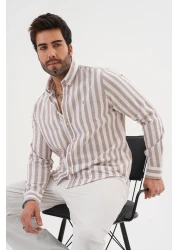 Catto Peak قميص قطني مخطط ومطرز بقصة عادية للرجال