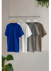  Collection 4-Piece Blue-Grey-Mink-Ecru Slim Fit Basic Cotton T-Shirt Set - Tmnss24Ts00262