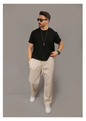 INFLUYENTE Men's Beige Baggy Cut Pique Fabric Waist Elastic Pocket Detailed Trousers Sweatpants