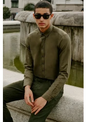 AC&Co / Altınyıldız Classics Men's Khaki Oxford Slim Fit Shirt - Easy Iron, Button Collar, Cotton