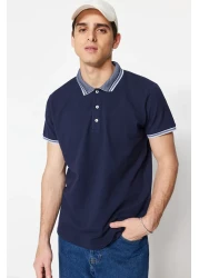  Collection Navy Blue Slim/Narrow Cut 100% Cotton Polo Neck T-Shirt Tmnss22Po00014