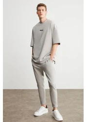 GRIMELANGE Project Men - تي شيرت رمادي كبير الحجم برقبة دائرية 100% قطن عضوي