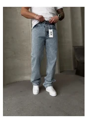 Mob بنطال جينز أزرق فضفاض للرجال مغسول بالثلج