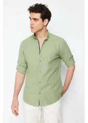  Collection قميص أخضر بقصة ضيقة مع كتاف - كم طويل، 100% قطن، TMNSS20GO0189