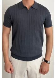 Tarz Cool Men's Matte Smoked Slim Fit Ribbed Polo Neck Knitwear T-Shirt