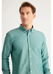 AC&Co / Altınyıldız Classics Green Slim Fit Oxford Men's Shirt - Easy Iron, Button Collar, Cotton
