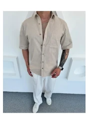 DEFES Cotton Short-Sleeved Linen Men's Shirt
