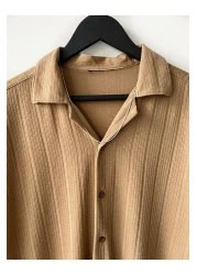 HAWKKİNG قميص رجالي صيفي قطني منقوش باللون البيج بأكمام قصيرة